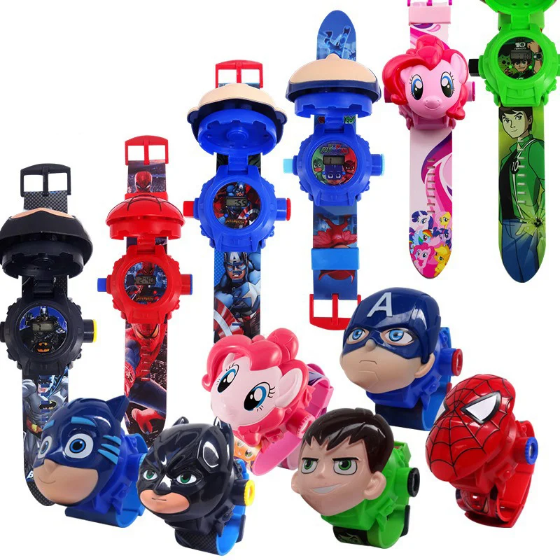 Children's Cartoon Spiderman Digital WrisrtWatch 24 Projection Image Flip Puzzle Cartoon Electronic Creative Gift Kids Watches