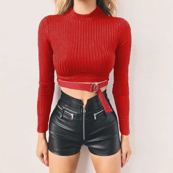 

Sexy Winter Turtleneck Crop Top Women 2020 Autumn Long Sleeve Short Sweaters Female Vintage Steel Ring Bandage Knitted Pullovers