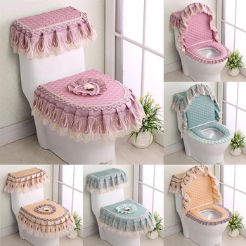 

3 PCS/Set Gold Velvet Lace Toilet Seat Cover Set Toilets U-Shaped Coat Home Bathroom Toilets Mat Tank Cover Toilet Cover Sets