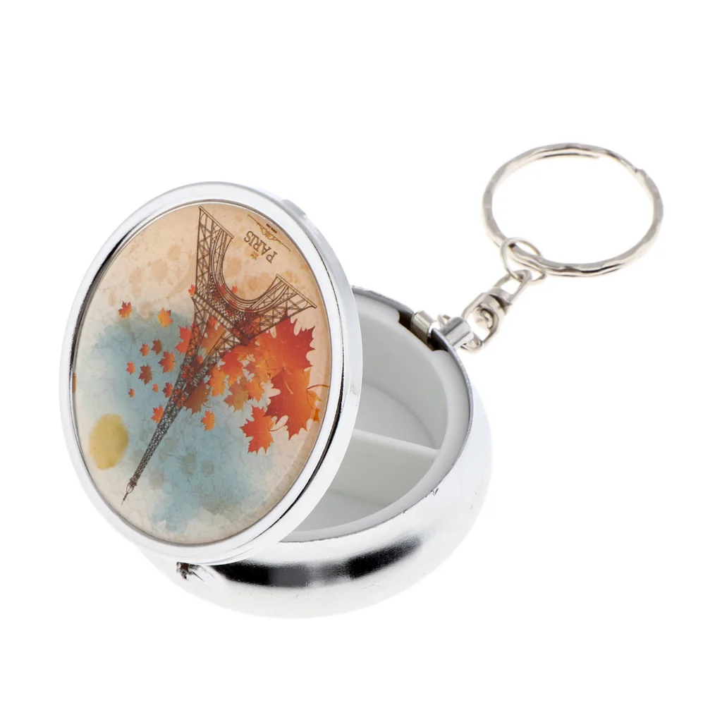 Round Keychain Style Pill Storage Case Travel Portable Box for Makeup Eyeshadow Blusher Nail Art Glitters with 3 Compartments