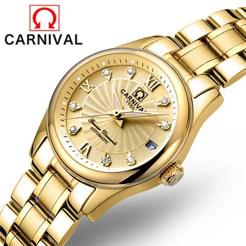 Full Gold CARNIVA Роскошные для женщин механические часы дамы водонепроницаемый кристалл сапфир Автоматические наручные часы Календарь Часы Relogio Feminino - Цвет: Full Gold