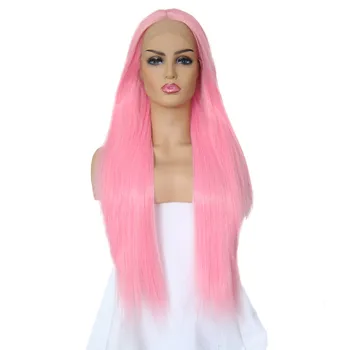 

RONGDUOYI Pink Color Long Silky Straight Hair Front Lace Wig Gluless Heat Resistant Fiber Synthetic Lace Front Wigs for Women