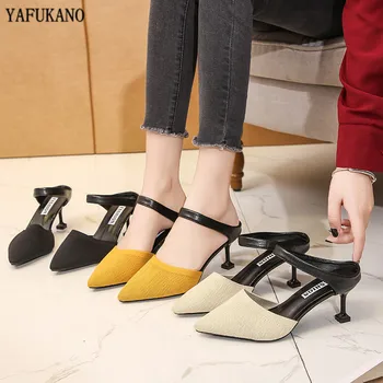 

Knit Mesh Breathable High Heels 2020 Summer Shoes Dress Women Half Slippers Slides Pointed Toe Mules Slippers Thin Heels Sandals