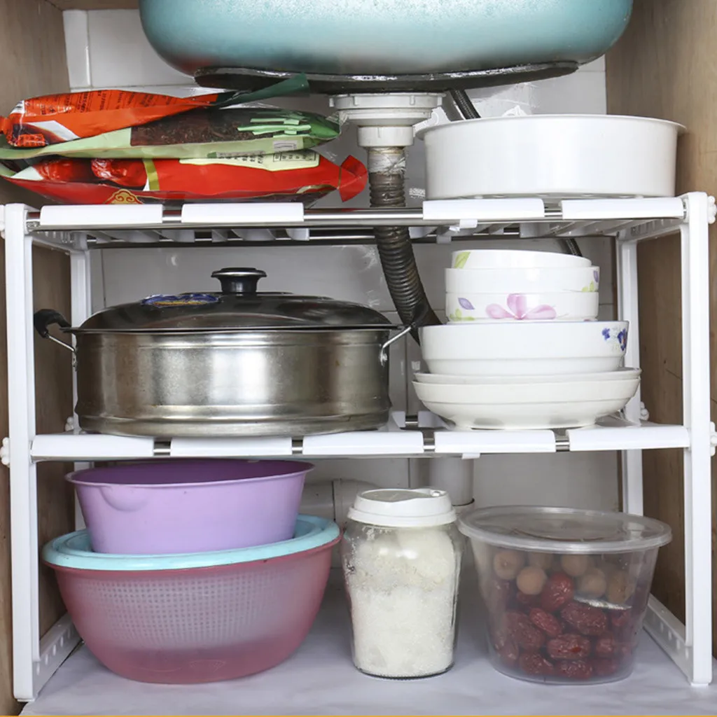 

Holder Kitchen Shelf Organiser Floor Type Adjustable Extendable 2 Layer Dishes Storage Rack Under Sink Multifunction Shelf#Y20