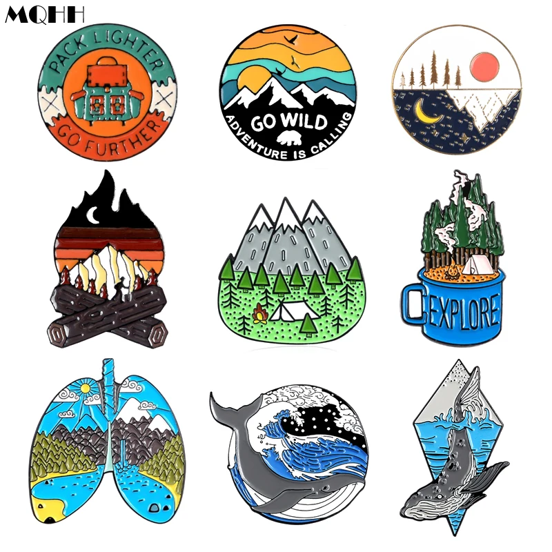 cartoon round sun sunrise mountain peak bird fire pin nature woods sea wave whale enamel brooch badge punk jewelry gift for kid | Украшения