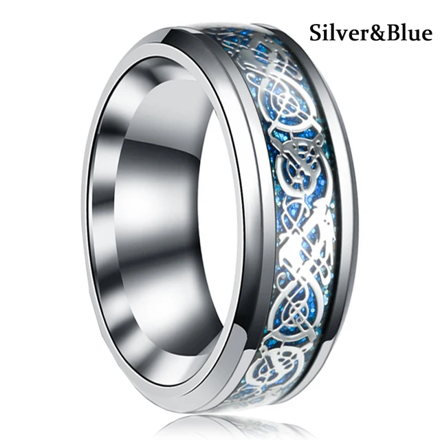 Mens Steampunk Gear Wheel Stainless Steel Ring Dragon Inlay Light Blue Carbon Fiber Ring Gothic Mens Wedding Band Size 6-13 SilverBlue