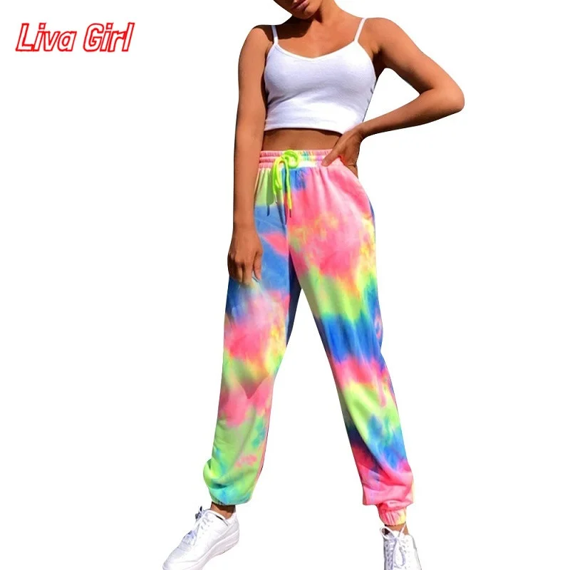 

Neon Tie Dye Foggers High Waist Long Baggy Pants Women Sweatpants Loose Trousers 2020 Fashion Casual Summer Streetwear Clothes