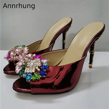 

Bright Genuine Leather Runway Shoes Woman Sexy Open Toe Colorful Rhinestone Flower Metal Petal Decor High Heel Slippers Women