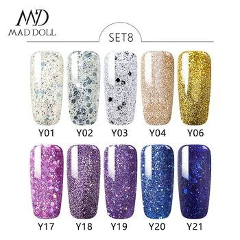 

MAD DOLL 10Pcs 8ml Glitter Color UV Gel Nail Polish Set LED Semi Permanent UV Lamp Top Base Coat Nail Set for Manicures Kit Gel