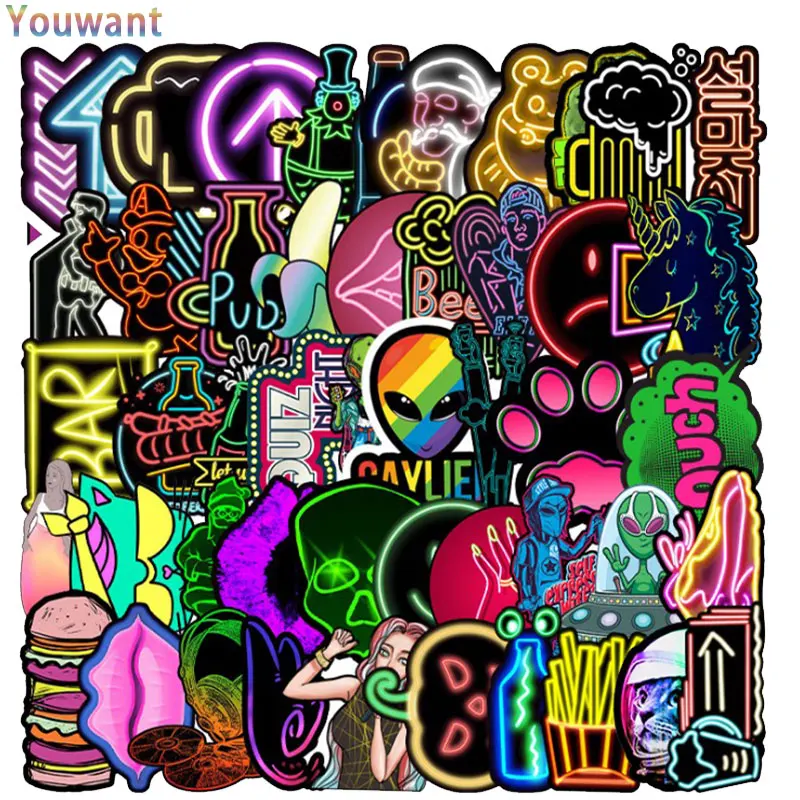 

10/30/50Pcs Pack Neon Light Mixed Alien Stickers Waterproof For Luggage Skateboard Bicycle Phone Suitcase Laptop Sticker Kid Toy