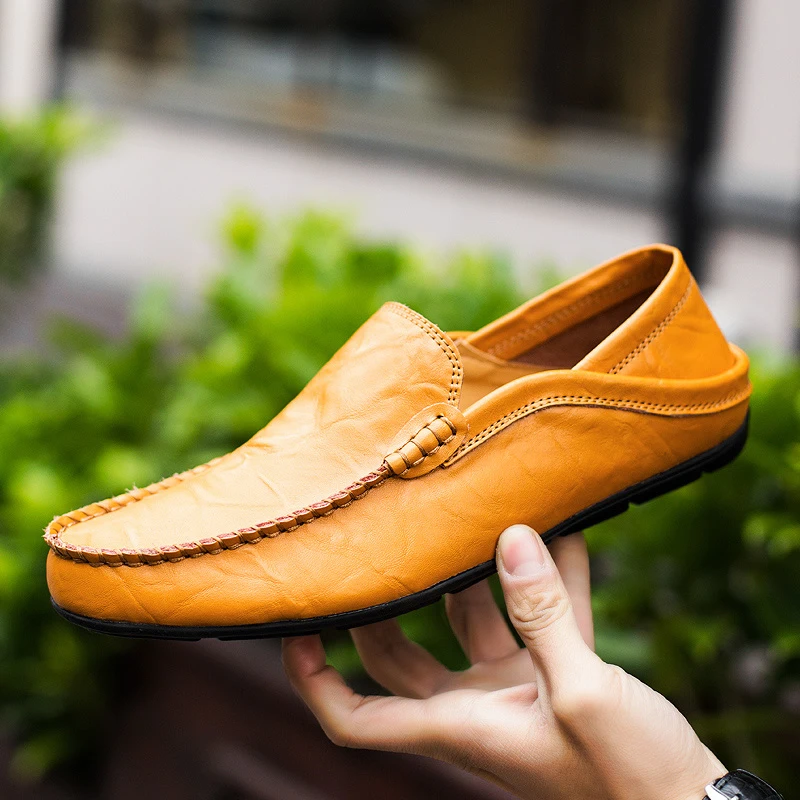 Модная мужская обувь; обувь из натуральной кожи; мужские повседневные удобные лоферы; мужские мокасины; дышащая водонепроницаемая обувь для вождения; слипоны - Цвет: Оранжевый