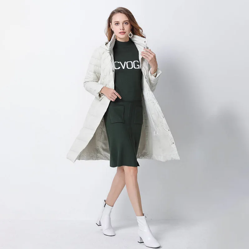 Осень и зима женское платье Стиль Элегантный Slim Fit талии облегающие для похудения с капюшоном средней длины пуховик белого цвета на утином пуху