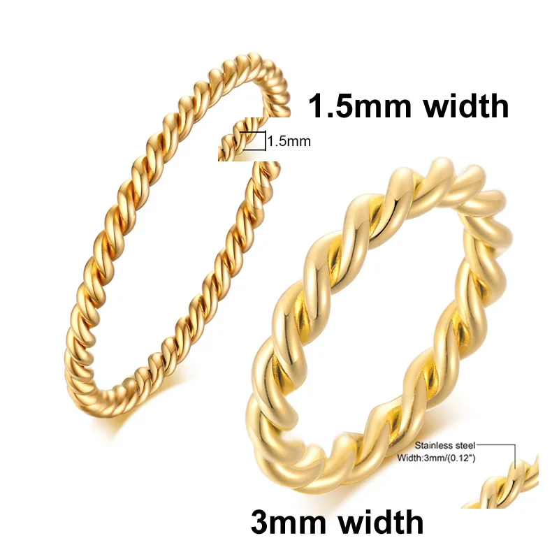 Braided Twist Ring for Women Stainless Steel Gold Color Infinity Stacking Band 3mm