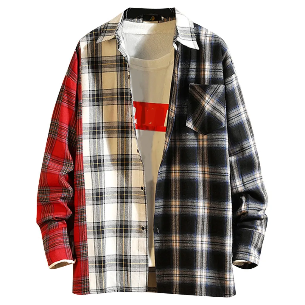 JAYCOSIN Сращивание контрастные рубашки стиль для мужчин осень весна мода повседневная сшитая клетчатая рубашка с длинными рукавами мужские блузки