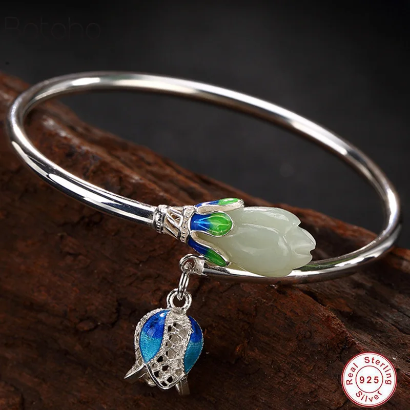 

Bracelets & Bangles Authentic Silver S925 Jewelry Natural Jade Engraved Magnolia Flower Cloisonne Enamel Process Openning Type