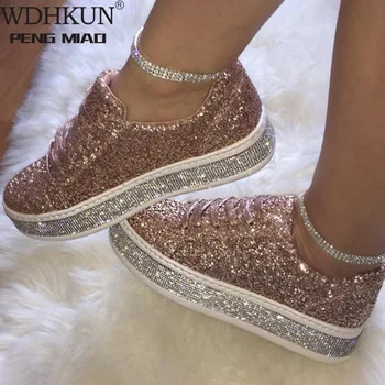 

WDHKUN Women Glitter Flat Sneakers Casual Female Mesh Lace Up Bling Platform Comfortable Plus Size Vulcanized Shoes Knitting 524