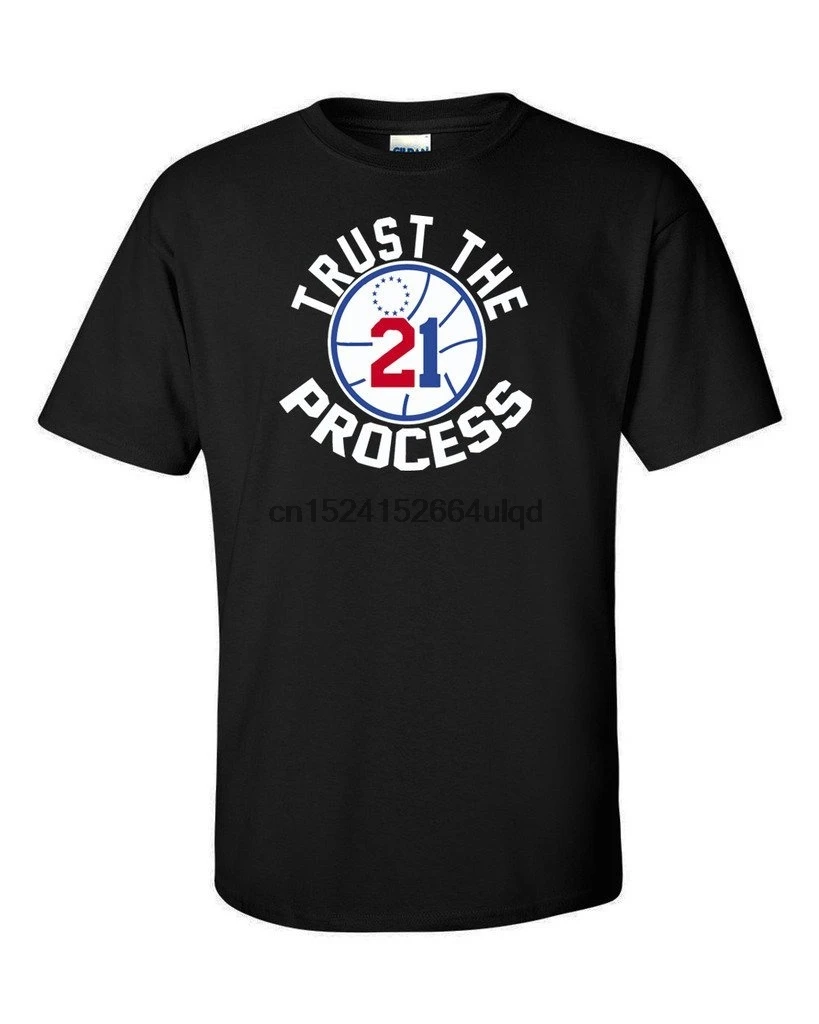 

Fashion Logo Printing T Shirts Black Embiid Philadelphia Trust The Process T-shirt