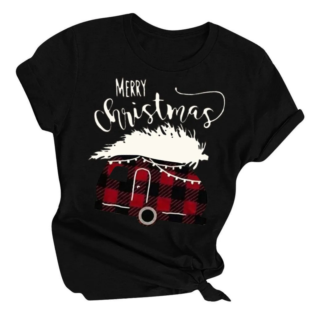 Женские рождественские рубашки с круглым вырезом и принтом, женская футболка с коротким рукавом, повседневные стильные топы, осенняя и зимняя рубашка с коротким рукавом - Цвет: Print Black