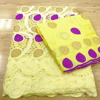 

high quality 5+2 yards white gold African Swiss cotton voile lace fabric with neat embroidery plus chiffon lace! 13L062421