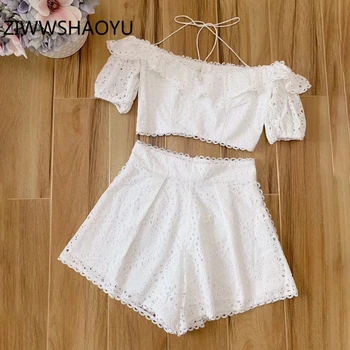 

ZIWWSHAOYU Summer Women Boho Cotton Linen Suits Runway Designer White Short Cami Tops And Ladies Hollow Out Shorts Two Piece Set