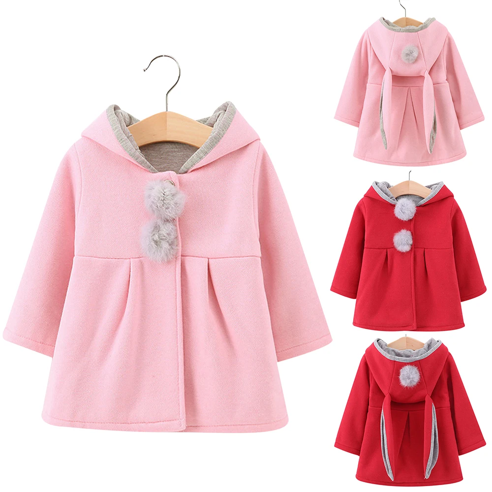 

Rabbit ears Coat For Girls Wool Coat 80%Cotton Long Sleeve Autumn Winter Hooded Girl Coat 0-6 Years 2019 New Girl Clothes D30