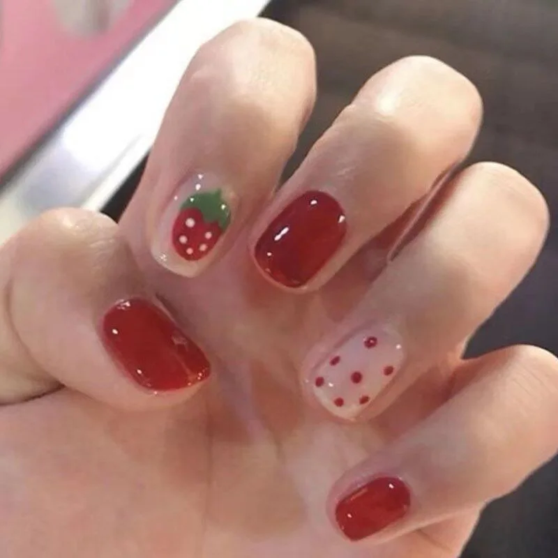 Nusx Strawberry False Nails Full Cover Artificial Red Cute Design Fake Nails Press On Square Nail 2