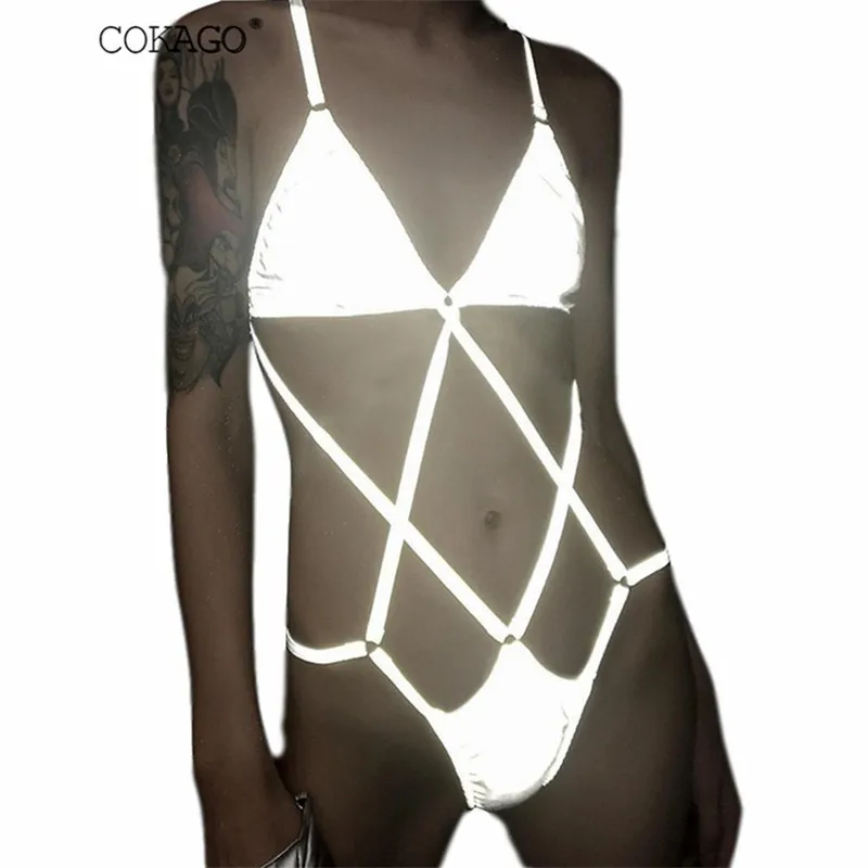 

COKAGO Summer Beach One Piece Swimsuit Women 2019 Sexy String Reflective Bikini Bodysuit Micro Bathing Suits Monokini Badpak