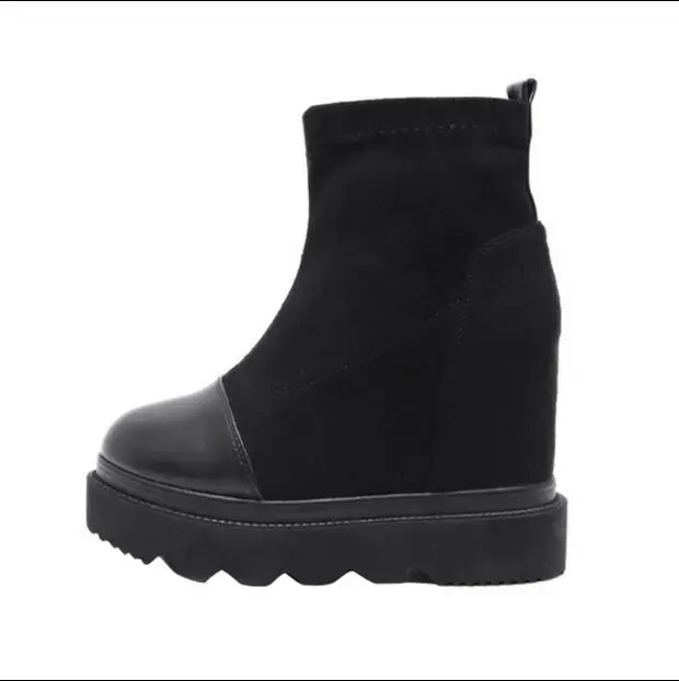 Черный Slope round head high heel booties wild sponge cake thick bottom short tube women's shoes Martin boots - Цвет: Черный