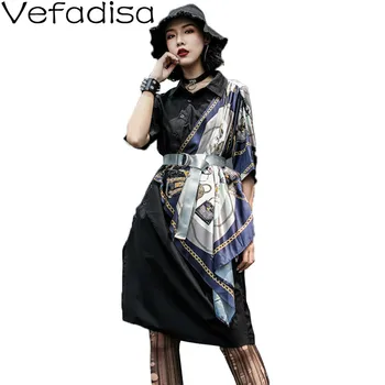 

Vefadisa Patchwork Print Blouse Dress Summer Woman Dress Whith Sashes 2020 Personality Short Sleeve Straight Dress Black QYF098