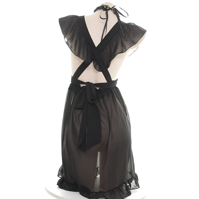 Black White Sexy French Maid Apron For Woman Girl Costume Cosplay Servant Lolita Dress Bedroom Household Apron Lace Translucent