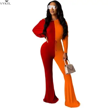 

Women's Jumpsuit Patchwork Color Sexy Women Long Style Autumn Jumpsuit O Neck Long Sleeve Casual Slim Flare Womens Clothing