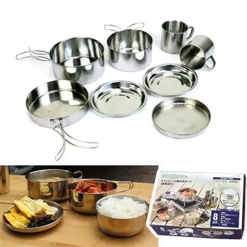 

Outdoor Pot Bowl Survival Hike Camp Camping Cookware Cooking Picnic Pot Strong 8pcs Pan Tableware Silver