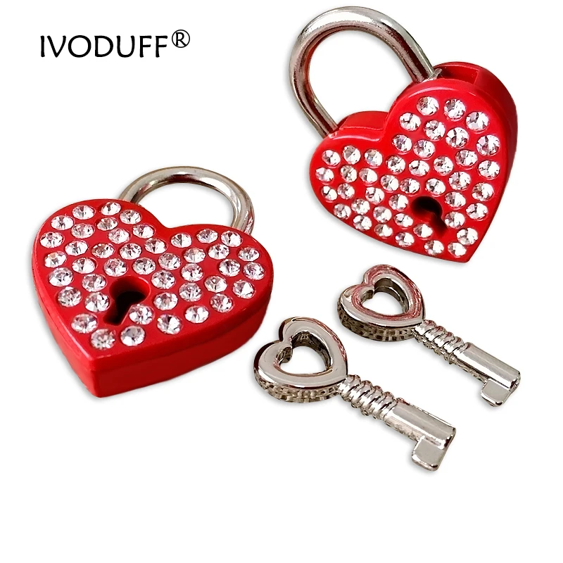 3 Colors Rhinestone Diamond Love Heart Padlock Lock Key For Luggage Decoration