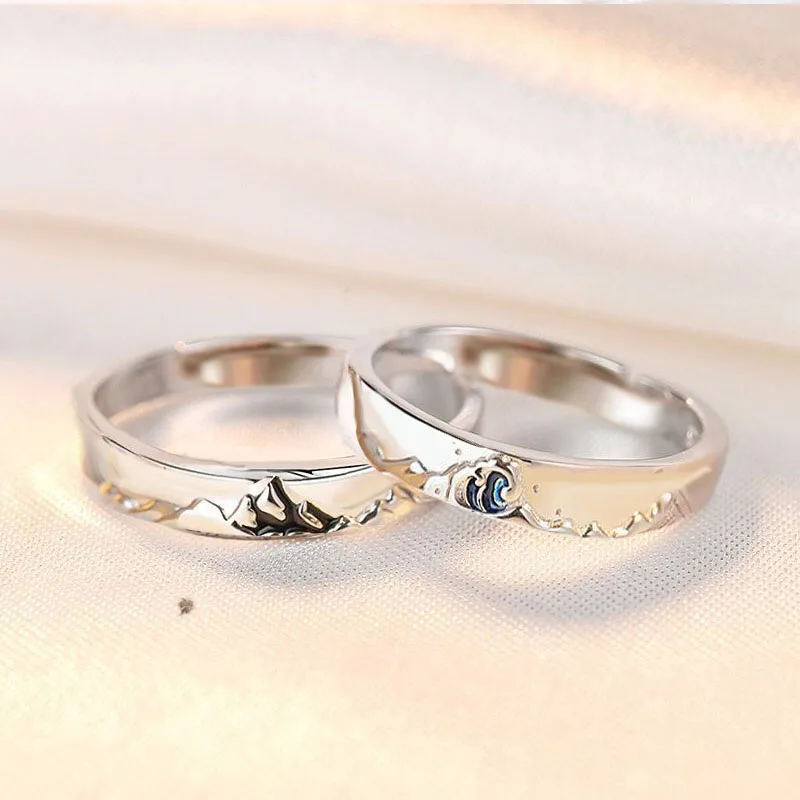 Couple Silver Color Personality Mountain and Sea Adjustable Rings Love Anniversary Gift New Design Paired Ring