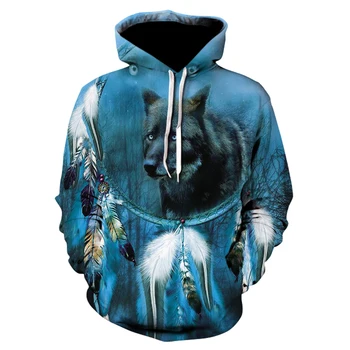 

2020 men's animal print long-sleeved casual sports hoodie Wolf print fashion men's and women's street wear skateboard hoodies