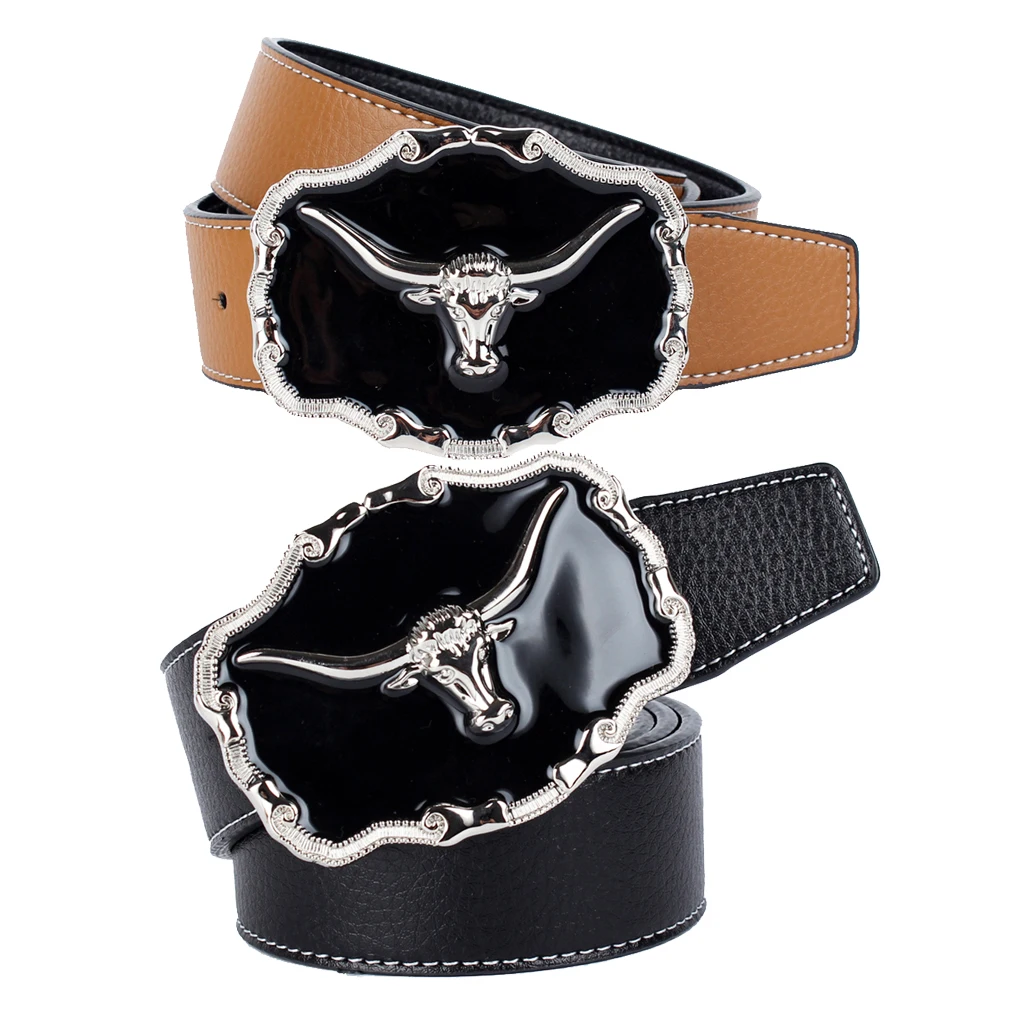 Western Cowboy Belt Oval Shape Metal Buffalo Head Buckle Fiber Genuine Leather Belt Strap 110-125cm