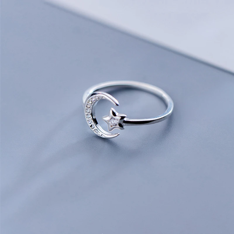 

Real 925 Sterling Silver Minimalist Zircon Moon Star Opening Ring For Charming Women Party Fine Jewelry Cute 2019 Gift