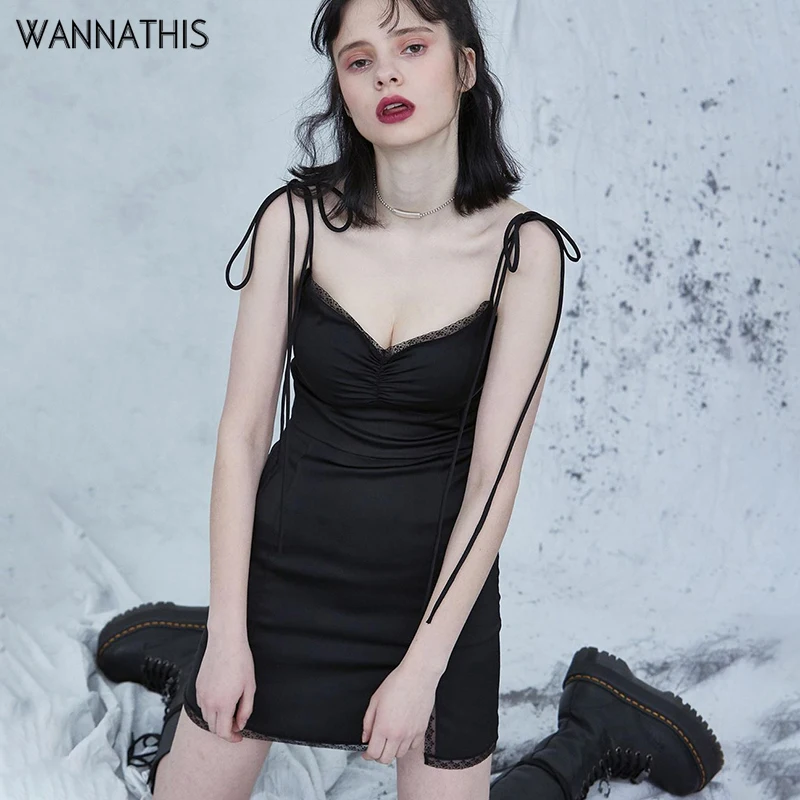 

WannaThis Spaghetti Strap Drawstring Satin Mini Dresses V-Neck Black Front Ruched Backless Lace up Sexy Women Party Dresses Slim