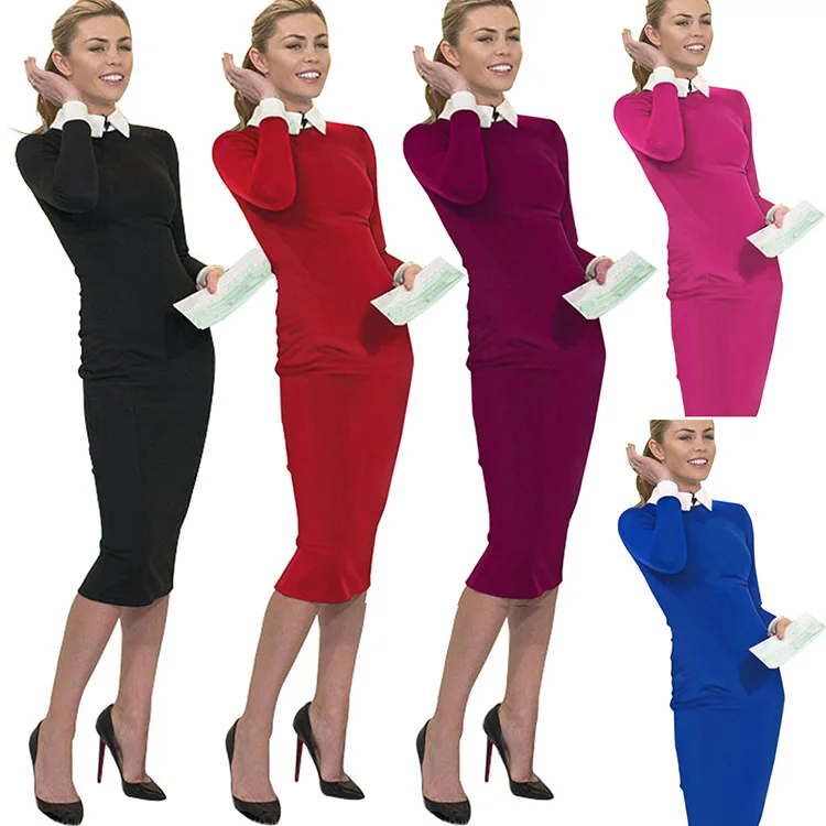

Hot Selling 2019 Spring Europe And America Black And White Long Sleeve Fold-down Collar Slim Fit Sheath Dress Pencil