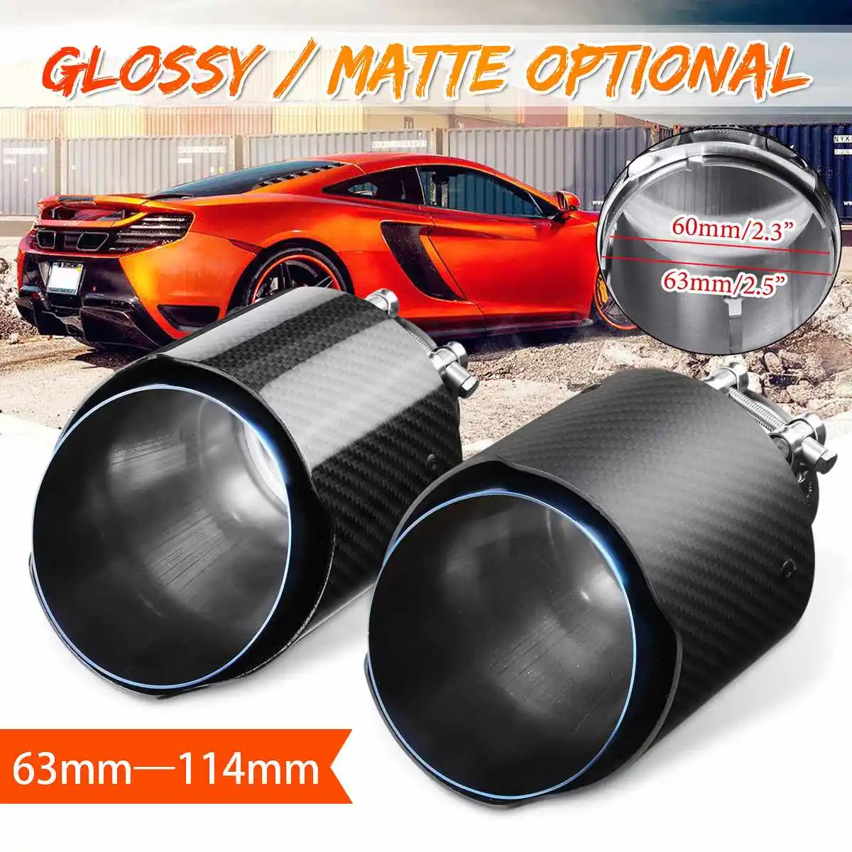 

63mm In 114mm Out Universal Car Exhaust Tail Pipes Carbon Muffler Tip Tail End Stainless Steel Fit 60mm Exhaust Pipe