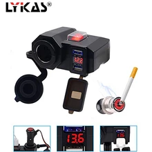 LYKAS Motorcycle Dual USB Charger Cigarette Lighter with Led Voltmeter Display Waterproof Handlebar Power Adapter