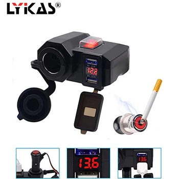 LYKAS Motorcycle Dual USB Charger Cigarette Lighter with Led Voltmeter Display Waterproof Handlebar Power Adapter