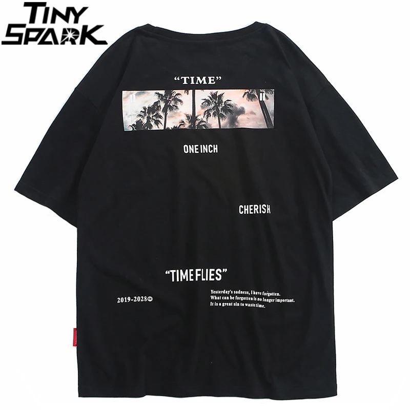 Hip-Hop T-Shirt Fashion Tops Streetwear Harajuku Short-Sleeve Flies-Print Black Summer