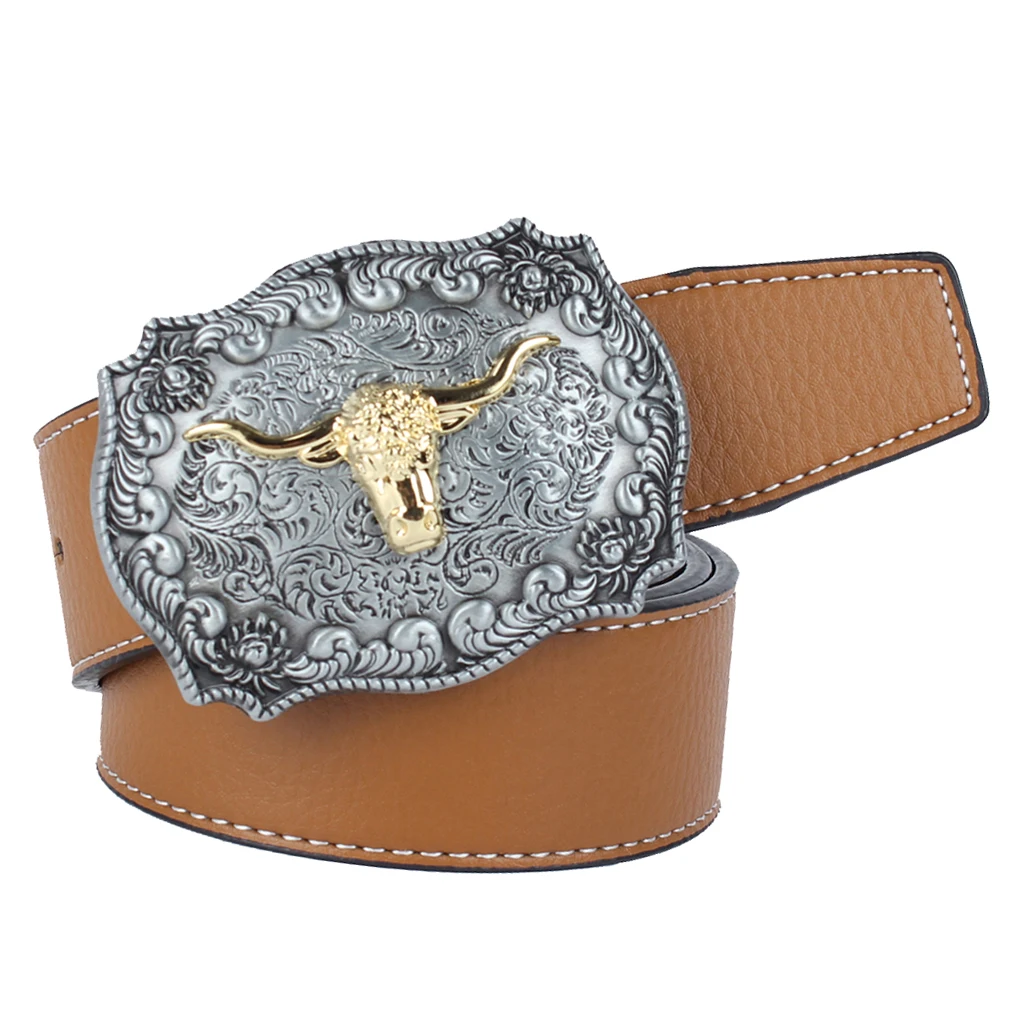 Classic Western Cowboy Rodeo Arabesque Catterl Head Men's Leather Belt Buckle