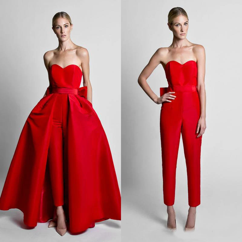 2019 Modern Red Jumpsuit Evening Dresses With Removable Train Sweetheart Satin Bow Back Custom Made Celebrity Prom Party Gowns