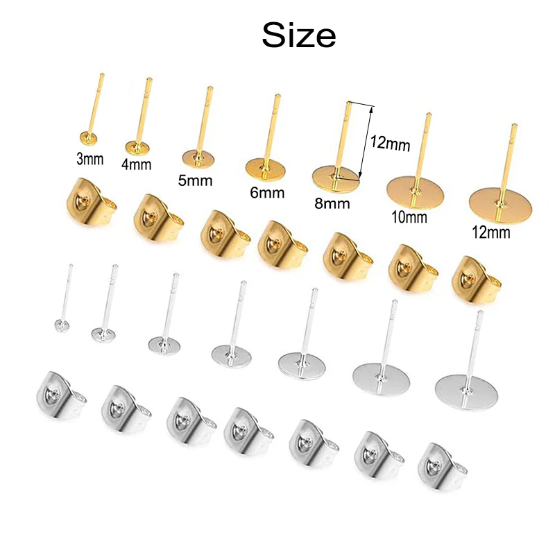 100 stücke 3-12mm Edelstahl Blank Post Ohrring Stud Basis Pins Mit Ohrring Stecker Liefert Für DIY schmuck Machen 2 Farben – Detail 1