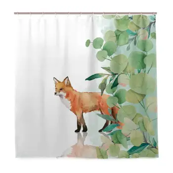 

Cute Fox Shower Curtain for Bathroom Leaves Watercolor Animal Pattern Polyester Waterproof Custom Bath Shower Curtain with 12
