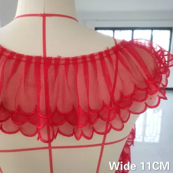 

11CM Wide Three Layers Red Soft Yarn Lace Dress Collar Cuffs Wave Ruffle Trim Embroidered Fringe Ribbon DIY Sewing Guipure Decor