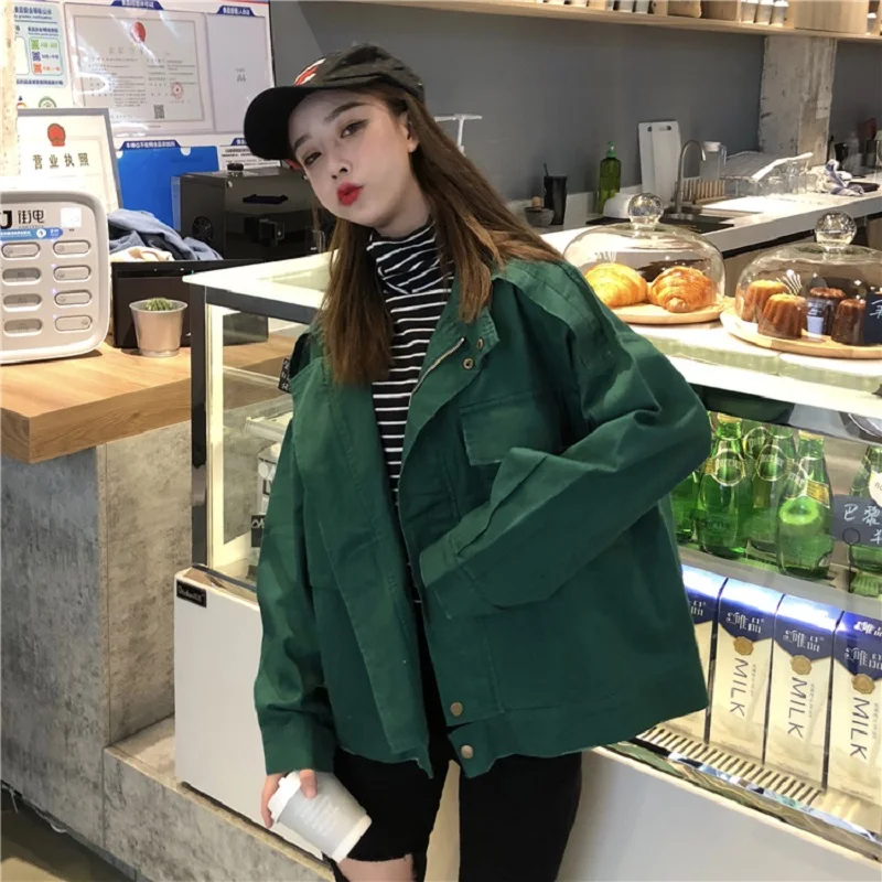 Осенняя модная женская куртка-карго, новинка, корейский стиль, Harajuku, Ретро стиль, BF, однотонная, свободная, уличная, с длинным рукавом, повседневная, Женская куртка