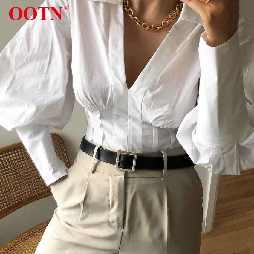 

OOTN Office Work White Shirt Blouse Women Long Sleeve Blouse V-Neck Pleated Tunic Female Top Elegant Autumn Winter 2019 fashion